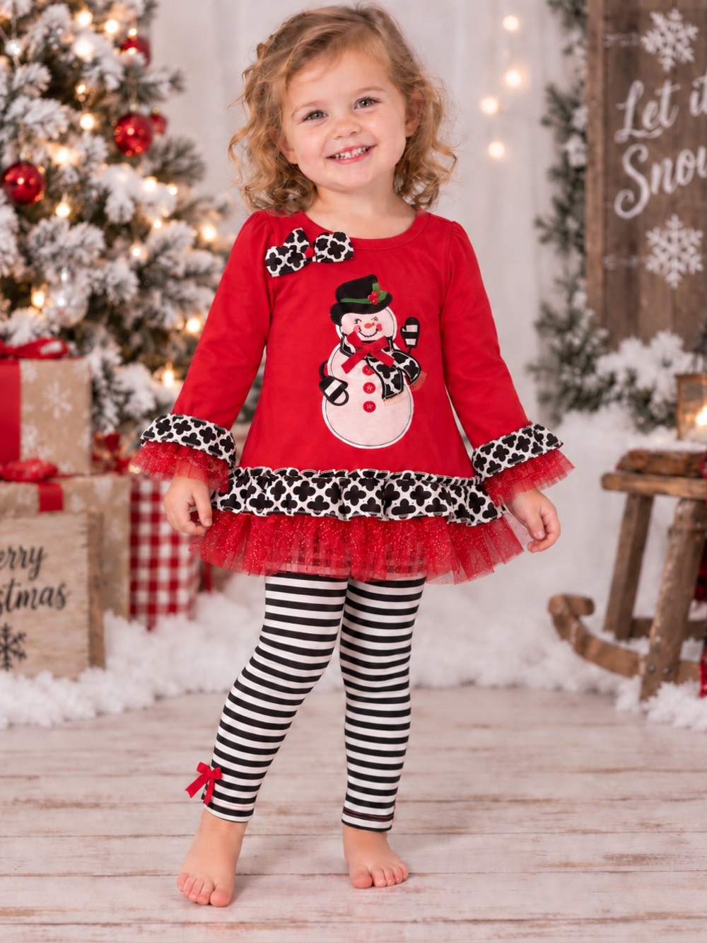 Nannette Kids Snowman Red Glittery Tutu Top & Stripe Leggings Set Christmas